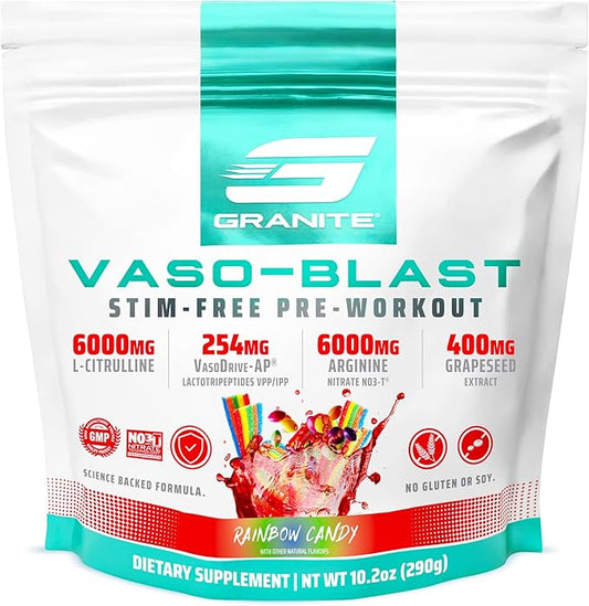 Granite Supplements Vaso Blast, Rainbow Candy Flavor, Stimulant-Free Pre Workout for Men & Women with Grapeseed Extract, Arginine Nitrite, & VasoDrive-AP for Max Pump (20 Servings)