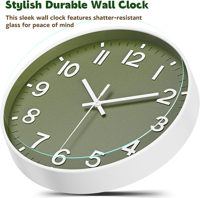 Silent Wall Clock Non-Ticking Battery Operated – Modern Olive Green Analog Wall Clock for Living Room, Kitchen, Office, Bedroom – Stylish Home Wall Decor Clock, 12 Inch