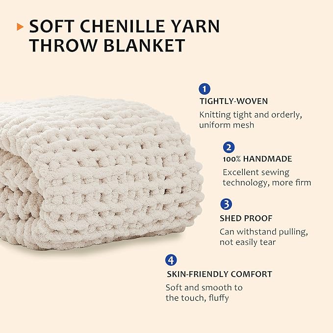 L'AGRATY Chunky Knit Blanket Throw: 72''x84'' Chenille Chunky Knitted Throw Blanket for Bed Couch - Handmade Thick Big Cable Knit Blanket - Large Chunky Crochet Rope Blanket for Home Decor(Ivory)