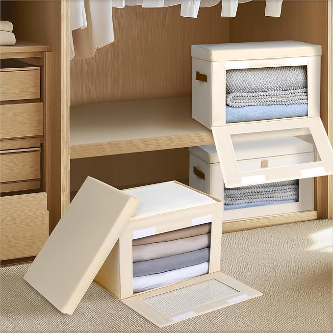 Homsorout Medium Fabric Storage bins - Collapsible Storage Bins with Open Window, 2 Pack Closet Baskets for Shelves, Stackable Decorative Boxes for Home, Dorm, Beige, 13.7"x 9.8"x 9.8"