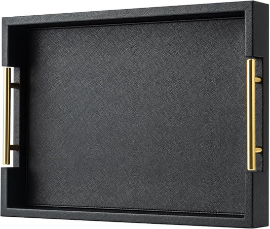 Black Rectangle Serving Tray with Gold Handles for Party,Large Wood Decorative Tray for Ottoman,Faux Leather Coffee Table Tray Decor