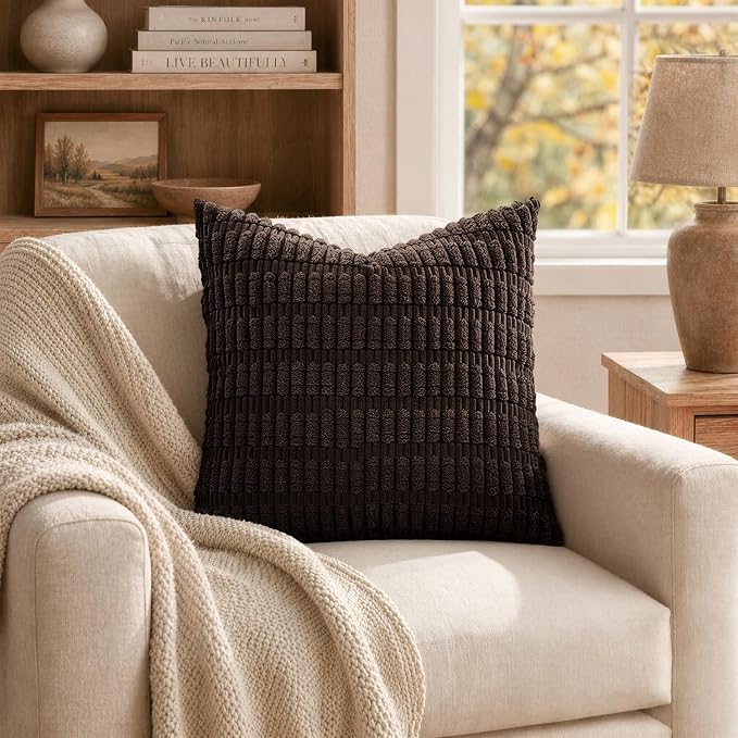 MIULEE Pack of 2 Corduroy Decorative Throw Pillow Covers 16x16 Inch Soft Boho Striped Pillow Covers Modern Farmhouse Home Decor for Sofa Living Room Couch Bed Dark Brown