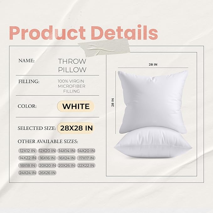 Utopia Bedding 28x28 Pillow Inserts, Set of 2, White – Indoor Decorative Throw Pillows for Bed, Sofa & Couch – Soft, Supportive & Fluffy Cushion Inserts