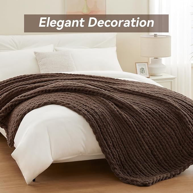 Negwoo Chunky Knit Throw Blanket, 40''*50'' Knitted Throw for Bed Couch, Handmade Dark Brown Crochet Big Thick Blanket, Machine Washable Cute Comfy Blanket for Home Decor
