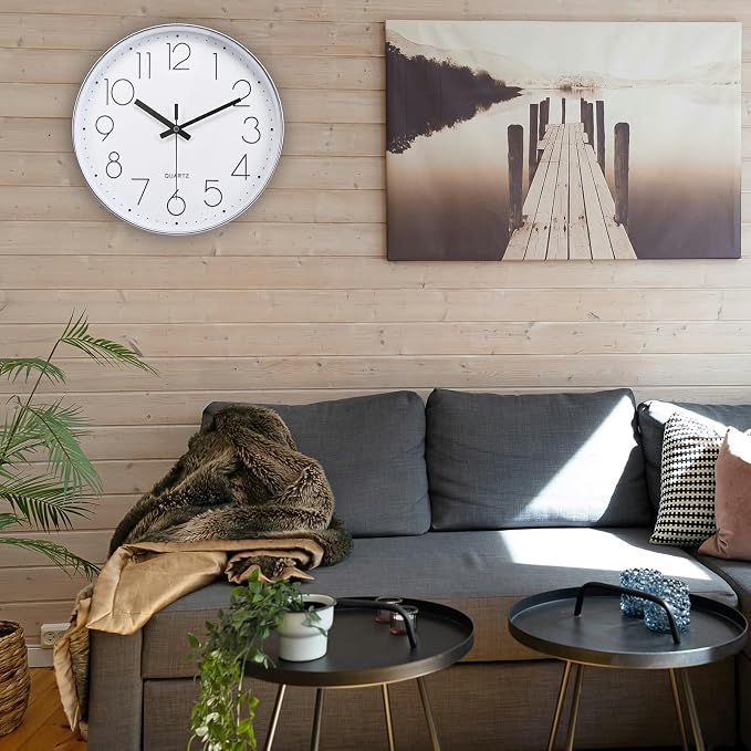 jomparis Modern 12" Battery Operated Non-Ticking Silent Sweep Movement Wall Clock Decorative for Office,Kitchen, Living Room, Bedroom, Bathroom Silver Plastic Frame