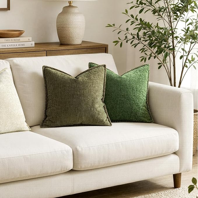 MIULEE Pack of 2 Euro Sham Pillow Covers 24x24 Inch Olive Green Farmhouse Decorative Throw Pillow Covers with Stitched Edge Soft Chenille Solid Dyed Pillow Covers for Bed Sofa Couch Living Room