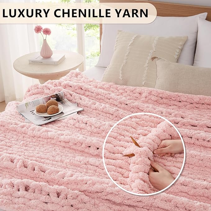 L'AGRATY Chunky Knit Blanket Throw: 80''x90'' Chenille Chunky Knitted Throw Blankets for Bed Couch - Handmade Thick Big Cable Knit Blanket - Large Crochet Rope Blankets for Home Decor(Pink)