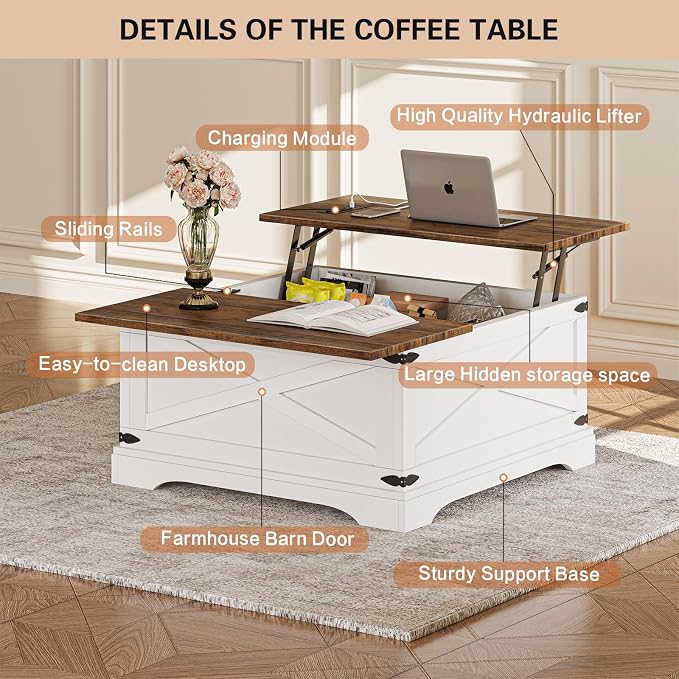 BROTTAR Lift Top Coffee Table with Storage, Square Coffee Table for Living Room with Charging Ports, Farmhouse Dining Table with Large Hidden Storage, White, 31.5"
