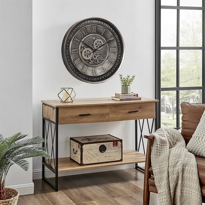 CLXEAST 24 Inch Large Moving Gear Wall Clock for Living Room Decor, Antique Silver Metal Roman Numerals Wall Clocks for Home Office