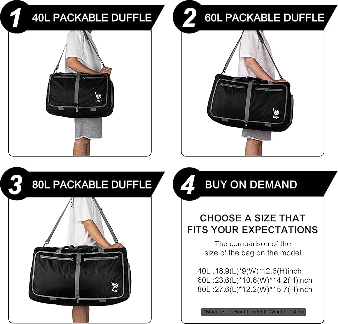 Bago Foldable Duffel Bags for Traveling Women & Men - 60L Medium Packable Duffle Bag for Travel with Shoe Compartment - Water Repellant, Heavy Duty, Lightweight Folding & Collapsible (SnowBlue)