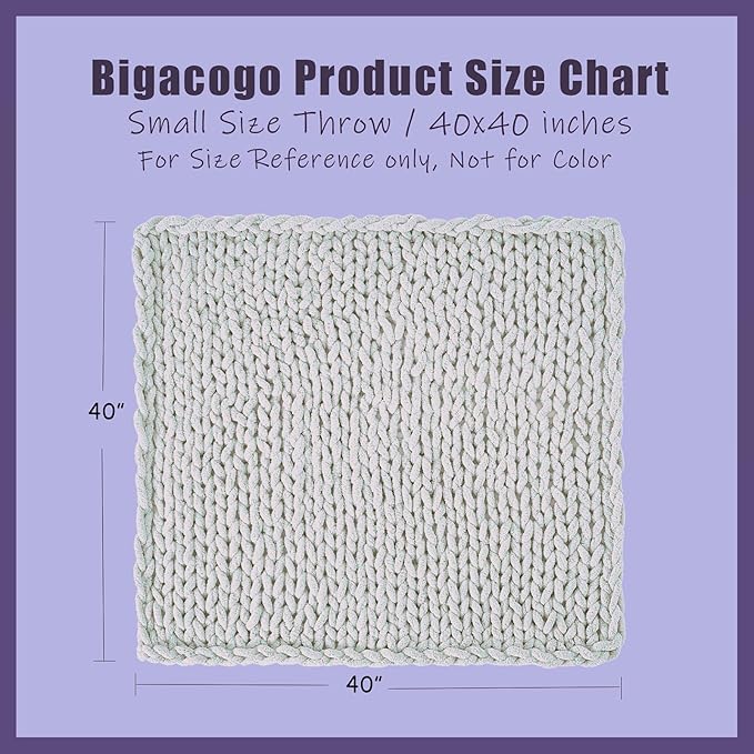 Bigacogo Chunky Knit Throw Blanket for Couch, 40x40 inches, 100% Hand Knitted with Thick Jumbo Chenille Yarn, Cozy Soft Large Rope Knot Cable Crochet Blankets for Sofa Bed Living Room, Sage Green