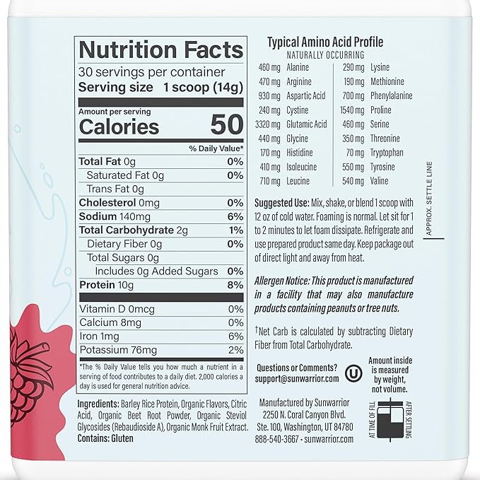 Sunwarrior Clear Protein Powder Plant-Based Water Mix, Vegan and Refreshing Protein and Hydration Supplement 10g Per Serving Raspberry Flavored 420g Tub 30 Servings