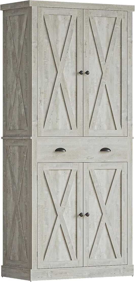 IRONCK Kitchen Pantry Storage Cabinet 72.6" H, with Barn Doors, Drawer, 4 Adjustable Shelves, Freestanding Cupboard for Dining Room Living Room, Laundry, Rustic Maple