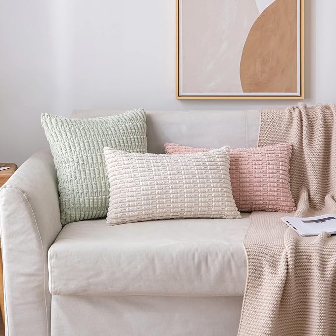 MIULEE Pack of 2 Corduroy Decorative Lumbar Throw Pillow Covers 24x14 Inch Soft Boho Striped Pillow Covers Modern Farmhouse Home Decor for Sofa Living Room Couch Bed Cream White