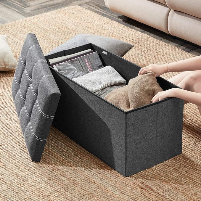 YOUDENOVA 30 inches Folding Ottoman, Ottoman with Storage Footrest Seat Support 350lbs, Storage Bench for Living Room Bedroom, Linen Fabric Grey