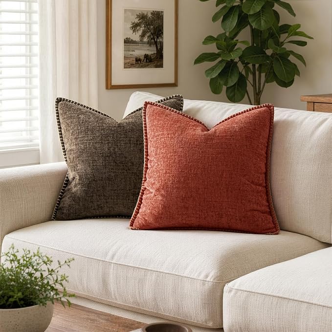 MIULEE Pack of 2 Fall Couch Throw Pillow Covers 20x20 Inch Burnt Orange Farmhouse Decorative Pillow Covers with Stitched Edge Soft Chenille Solid Dyed Pillow Covers for Sofa Bed Living Room