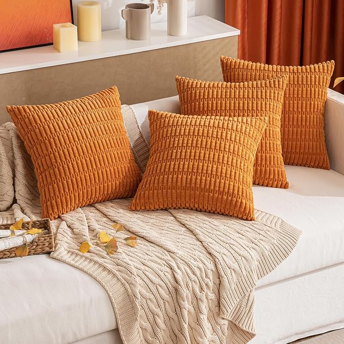 MIULEE Pack of 2 Burnt Orange Corduroy Decorative Euro Sham Pillow Covers 24x24 Inch Soft Boho Striped Throw Pillow Covers Modern Farmhouse Home Decor for Summer Sofa Living Room Couch Bed
