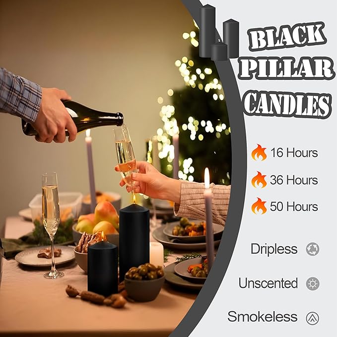 18 Pcs Black Pillar Candles Bulk Set，Hurricane Candlesï¼? Different Lengths (6 Each)，Dripless Unscented Smokeless，Gives You a Better Atmosphere When Organizing Wedding or Event Party.