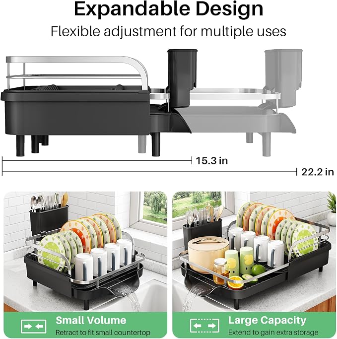 SAYZH Dish Drying Rack - Expandable Dish Rack for Kitchen Counter, Rust-Resistant Dish Drainer with Utensil Holder and Raised Guardrail, Kitchen Organizer for Cup and Bottle (Black)
