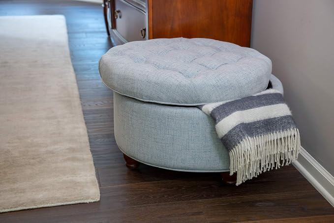 Homepop Home Decor | Button Tufted Woven Round Storage Ottoman | Ottoman with Storage for Living Room & Bedroom (Light Blue)