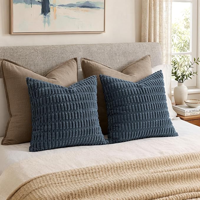 MIULEE Pack of 2 Corduroy Decorative Throw Pillow Covers 16x16 Inch Soft Boho Striped Pillow Covers Modern Farmhouse Home Decor for Summer Coastal Sofa Living Room Couch Bed Blue