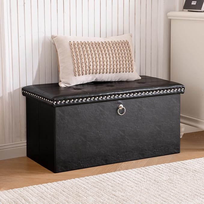 oakvivo Folding Storage Ottoman Bench 30in, Leather Foot Rest Stools Ottoman with Storage, Coffee Table, End of Bed Bench Footstool for Living Room, Bedroom, Load 330 lb, 30x15x15 inches, Black