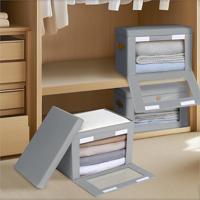 Homsorout Medium Fabric Storage bins - Collapsible Storage Bins with Open Window, 4 Pack Closet Baskets for Shelves, Stackable Decorative Boxes for Home, Dorm, Grey, 13.7"x 9.8" x 9.8"