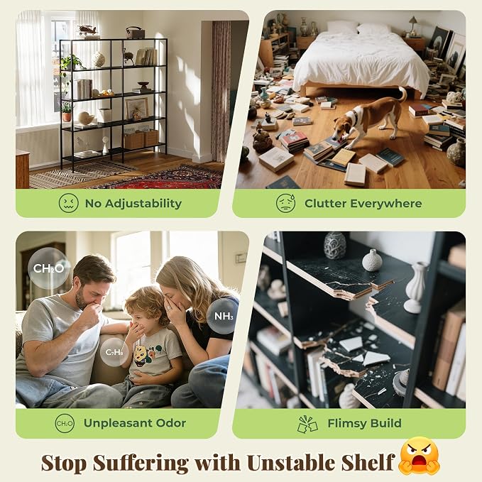 Huuger 5 Tier Bookshelf, L Shaped Corner Bookshelf with 10 Open Shelves, 49.4 Inch Straight Wide Bookcase with Metal Frame and Wooden Board, Adjustable Feet, Black
