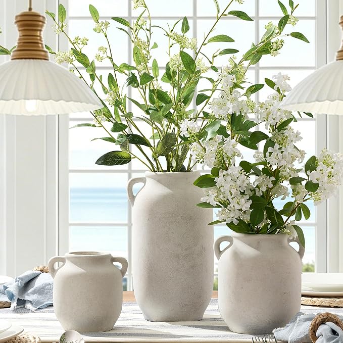 Large Flower Vase Home Decor - Tall Ceramic Farmhouse White Rustic Table Vases with Handle Living Room Decoration Decorative Modern for Fireplace Kitchen (12" Rustic)