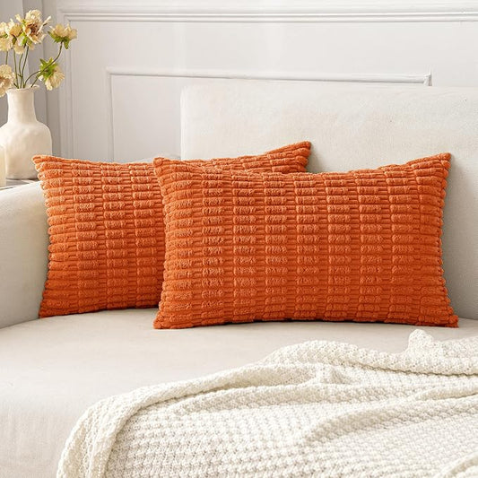 MIULEE Pack of 2 Orange Corduroy Decorative Lumbar Pillow Covers 20x12 Inch Soft Boho Striped Throw Pillow Covers Modern Farmhouse Home Decor for Summer Sofa Living Room Couch Bed