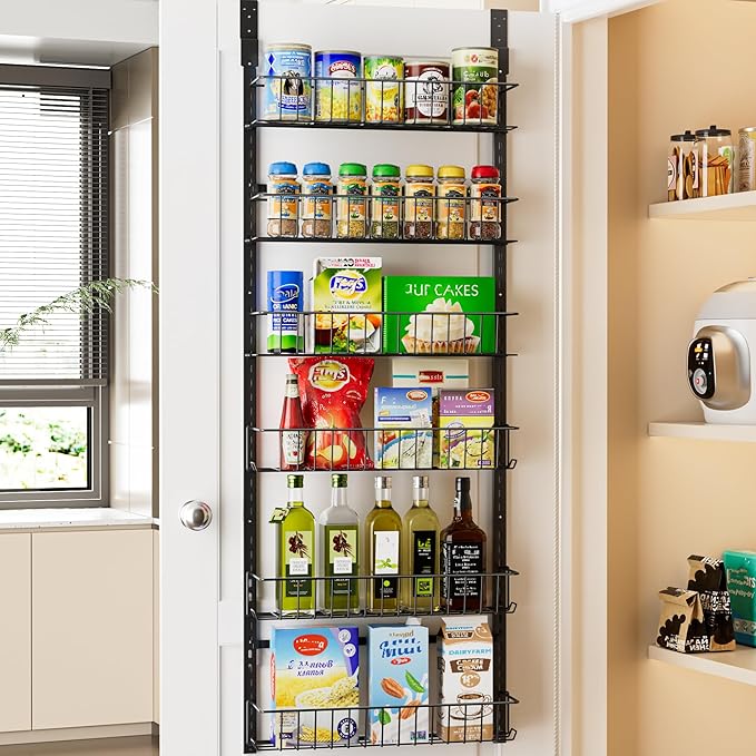 Delamu Adjustable Cabinet Door Organizer, 6-Tier Hanging Spice Rack Organizer, Metal Over the Door Pantry Organizer, Pantry Organizers and Storage Shelves for Kitchen Bathroom Laundry Room, Black