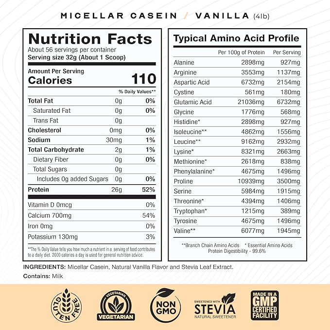 Muscle Feast Grass Fed Micellar Casein Protein Powder, Pasture Raised & Hormone Free, Slow Digesting Casein Protein - Supports Overnight Muscle Recovery, Gluten Free Protein Powder - Vanilla, 4lb