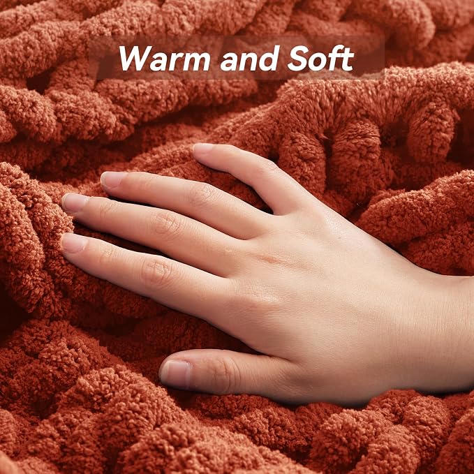 Negwoo Chunky Knit Throw Blanket, 40''*50'' Fall Throw Blanket Knitted Chenille Yarn for Bed Couch, Handmade Orange Crochet Big Thick Blanket, Machine Washable Cute Comfy Blankets for Home Decor