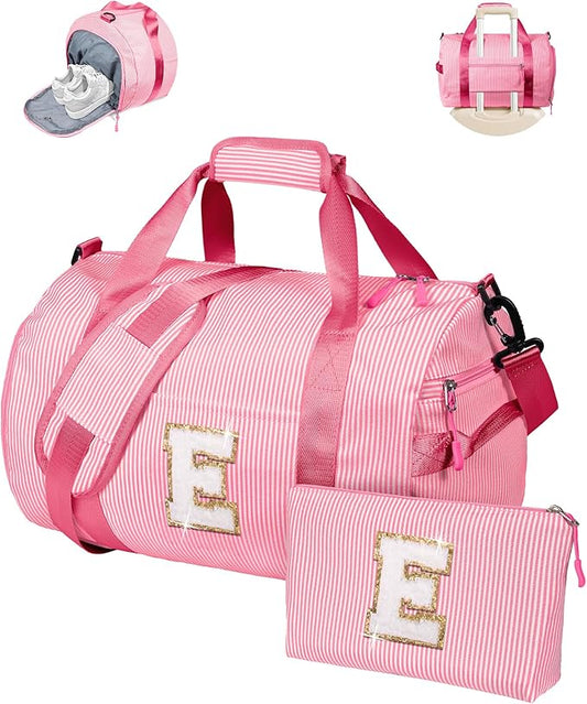 Gifts for Teenage Girls, Girl Gym Bag, Kids Initial Overnight Duffel Bags with Shoe Compartment, Personalized Travel Bag with Makeup Pouch, Cute Stuff for Daughter Niece Sister (Letter E)