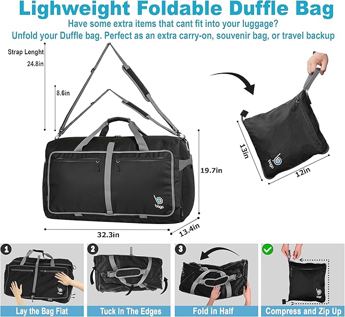Bago Big XXL Foldable Duffel Bags for Traveling Women & Men - 140L Packable Duffle Bag for Travel with Shoe Compartment - Water Repellant, Heavy Duty, Lightweight Folding & Collapsible (Black)