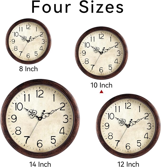 KECYET Wall Clock 10 Inch Vintage Wall Clocks Battery Operated Quartz Silent Non-Ticking Retro Rustic Style Clock Decorative for Kitchen,Bathroom, Living Room, Home Office (Bronze)
