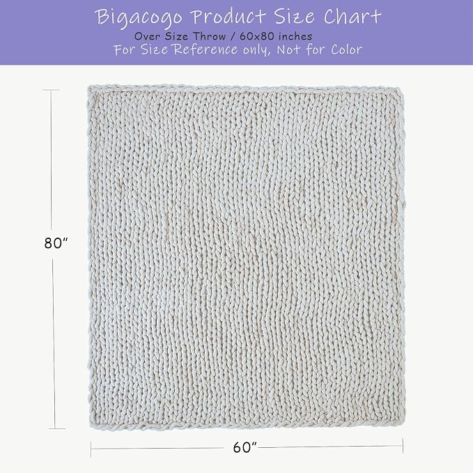 Bigacogo Chunky Knit Throw Blanket for Couch, 60x80 inches, 100% Hand Knitted with Thick Jumbo Chenille Yarn, Cozy Soft Large Rope Knot Cable Crochet Blankets for Sofa Bed Living Room, Ivory