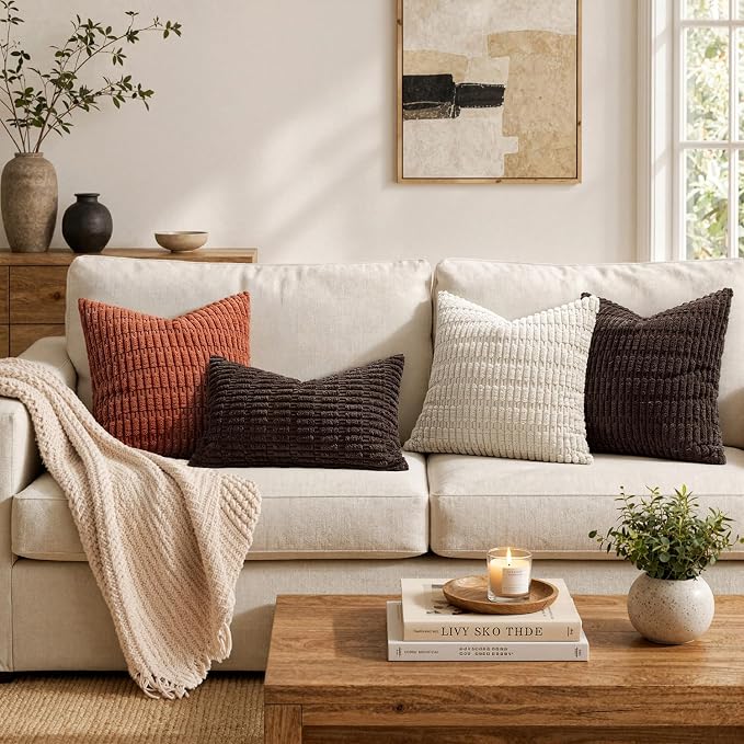 MIULEE Pack of 2 Corduroy Decorative Throw Pillow Covers 16x16 Inch Soft Boho Striped Pillow Covers Modern Farmhouse Home Decor for Sofa Living Room Couch Bed Dark Brown