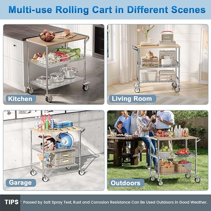 Leteuke Rolling Kitchen Carts with Wheels, 34" L x 17.5" W, 3-Tier Heavy Duty Utility Cart with Wood Tabletop, NSF Commercial Metal Serving Cart with Handle and Shelf Liner for Kitchen, Chrome