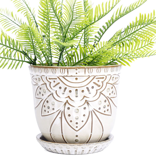 VanEnjoy 5.9 inch Round Bohemian Style Ceramic Planter, Geometry Engrave Off White Brown Planter Flower Pot, Indoor Outdoor Decorative Planter