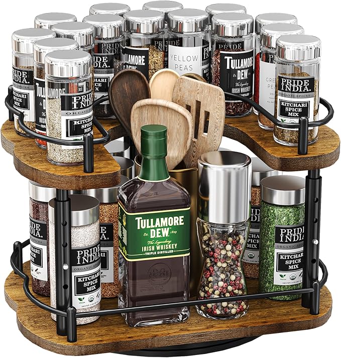 Lazy Susan Organizer Spice Rack - Spice Organization for Cabinet Height Adjustable Rotating Lazy Turntable, Pantry Kitchen Wood Revolving Seasoning Organizer (Vintage, 12 Inch)