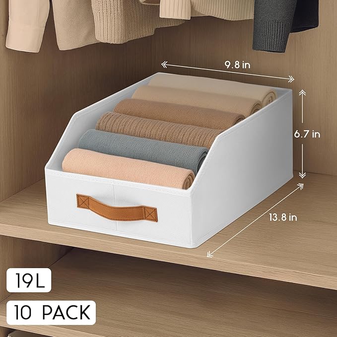 Homsorout Fabric Storage Bins for Organizing - 10 Pack Large Trapezoid Collapsible Storage Bins with Front Handle, Closet Organizers and Storage for Bedroom, Home Shelves, Small Spaces, White
