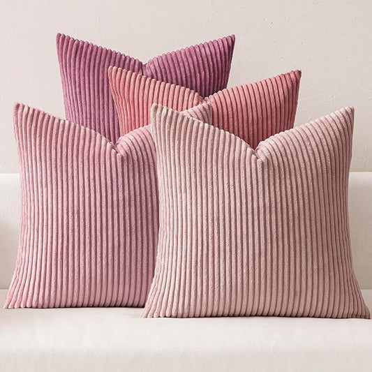 MIULEE Pack of 4 Purple Pink Valentines Corduroy Decorative Throw Pillow Covers 20x20 Inch Soft Boho Striped Pillow Covers Modern Farmhouse Spring Home Decor for Sofa Living Room Couch Bed