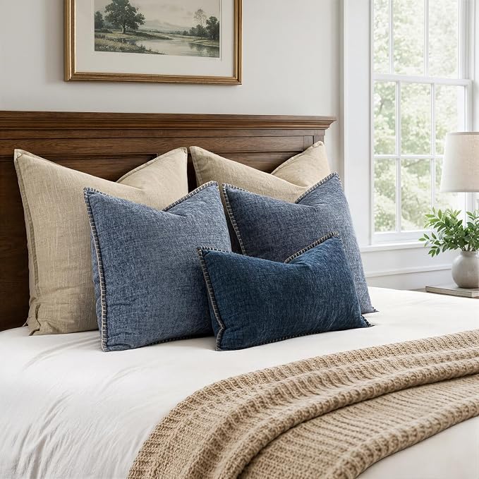 MIULEE Pack of 2 Lumbar Throw Pillow Covers 12x20 Inch Dark Blue Farmhouse Decorative Pillow Covers with Stitched Edge Soft Chenille Solid Dyed Pillow Covers for Couch Sofa Bed Living Room