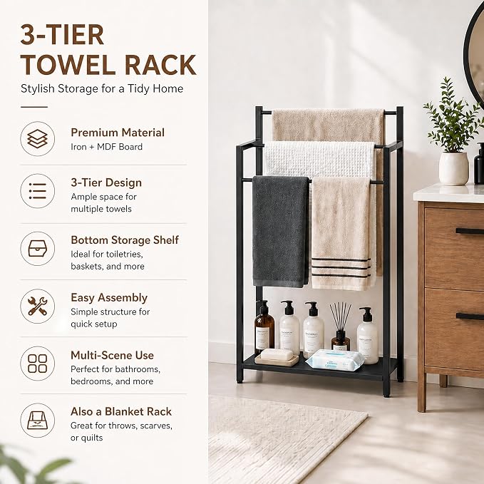 Freestanding Towel Rack, 3 Tier Blanket Ladder Stand with Black Wooden Shelf for Bathroom Living Room (31.5" H x 16.9" W x7.9 D)