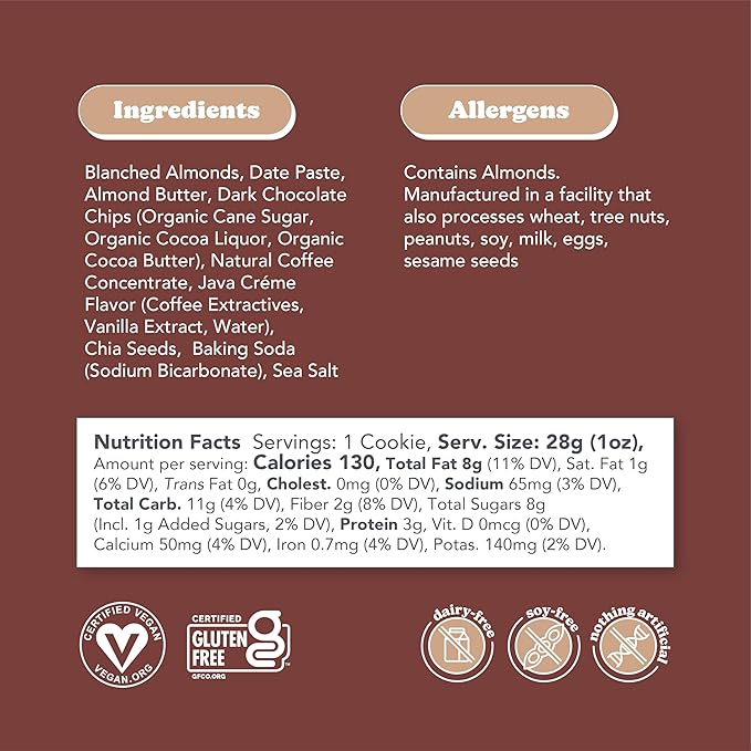 Love + Chew Mocha Chip Minis Bulk Box - Tasty, Gluten Free Cookies - Vegan, Healthy, Paleo, Non GMO - Individually Wrapped and Soft Baked - Made from High Protein Almonds - 1 Ounce Each, 80 Count