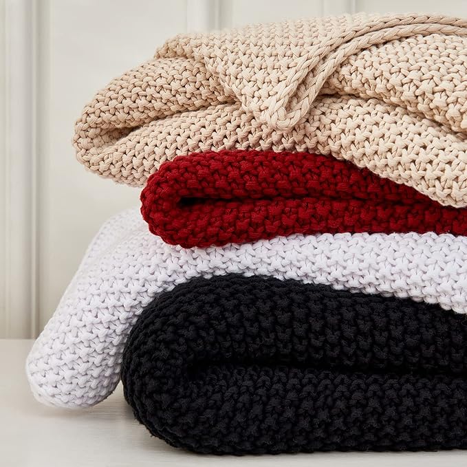 Longhui bedding Chunky Cable Knit Throw Blanket Lightweight Black 100% Organic Cotton Blanket for Sofa Couch Bed Baby Nursery, Rustic Shabby Chic Modern Farmhouse, 51” x 63” Give Laundering Bag