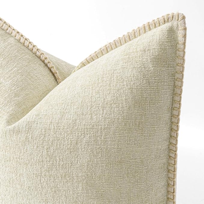 MIULEE Pack of 2 Lumbar Throw Pillow Covers 12x20 Inch Cream White Farmhouse Decorative Pillow Covers with Stitched Edge Soft Chenille Solid Dyed Pillow Covers for Couch Sofa Bed Living Room