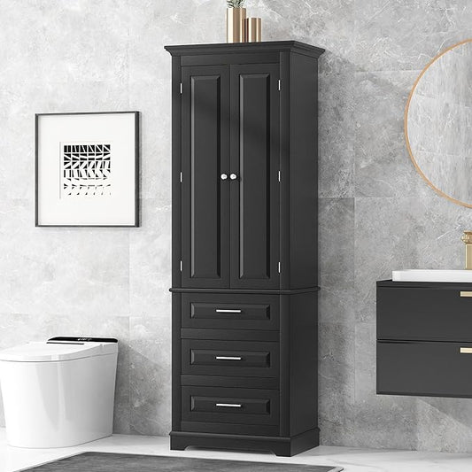 Polibi Tall Storage Cabinet with 3 Drawers, 3-Tier Adjustable Shelves & 2 Doors, Floor Freestanding Linen Cabinet for Bathroom, Living Room (Black)