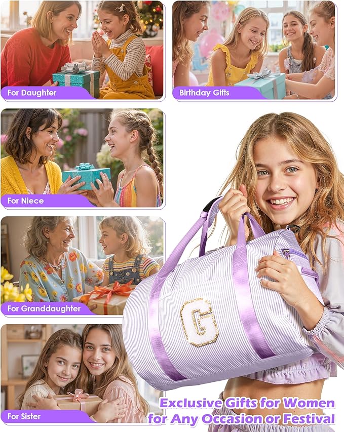 Trendy Stuff for Tween, Girl Gym Bag, Kids Initial Overnight Duffel Bags with Shoe Compartment, Personalized Dance Bag with Makeup Pouch, Gift for 3 4 5 6 7 Year Old Kid (Letter T)